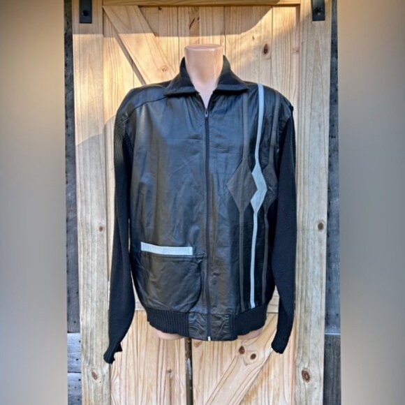 Vintage Mario Bellucci Black Genuine Leather Knit Sweater Bomber Jacket~XLT~ - Picture 1 of 7